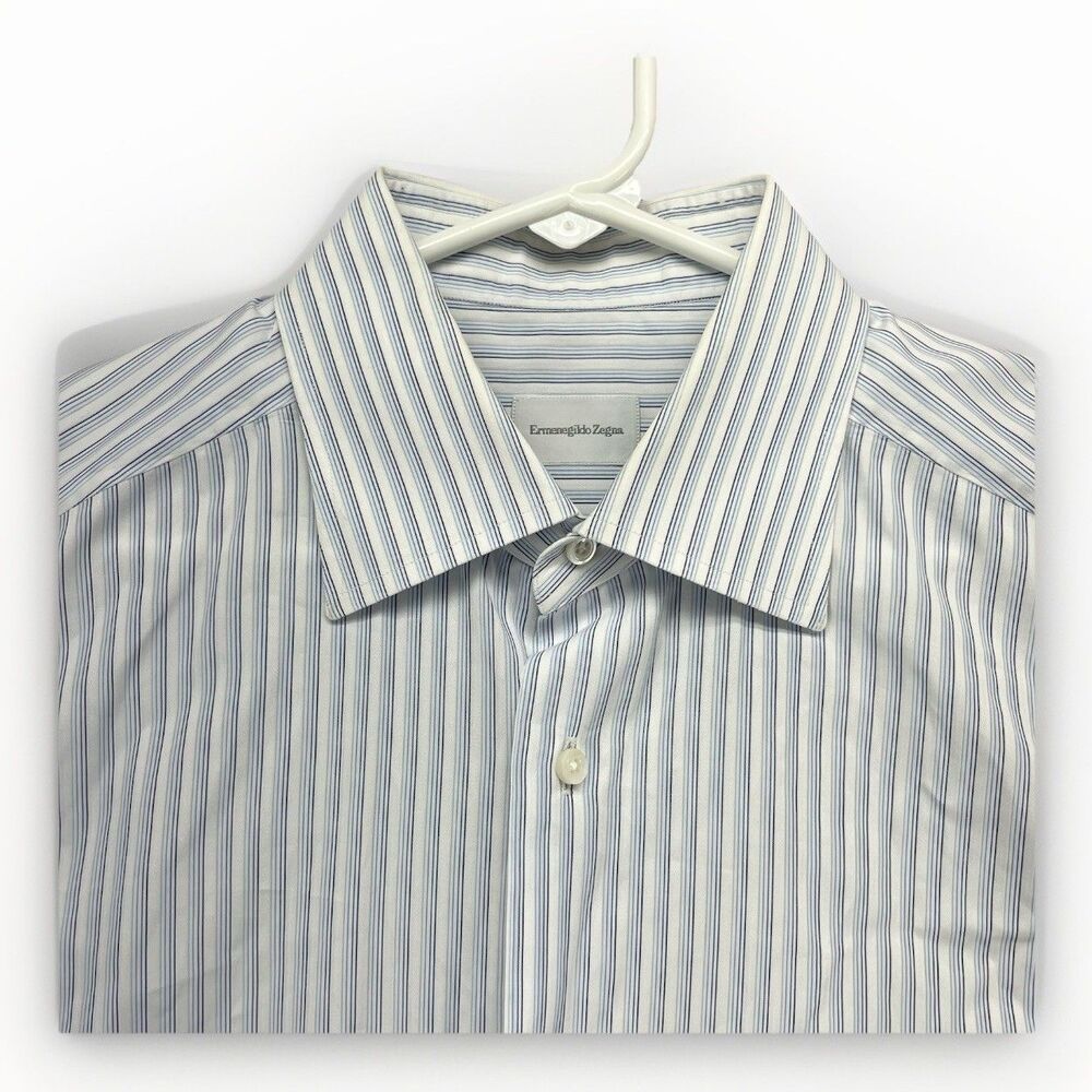 Ermenegildo Zegna Mens Dress Shirt Blue‎ Striped 16 EUR 41  French Cuff Button